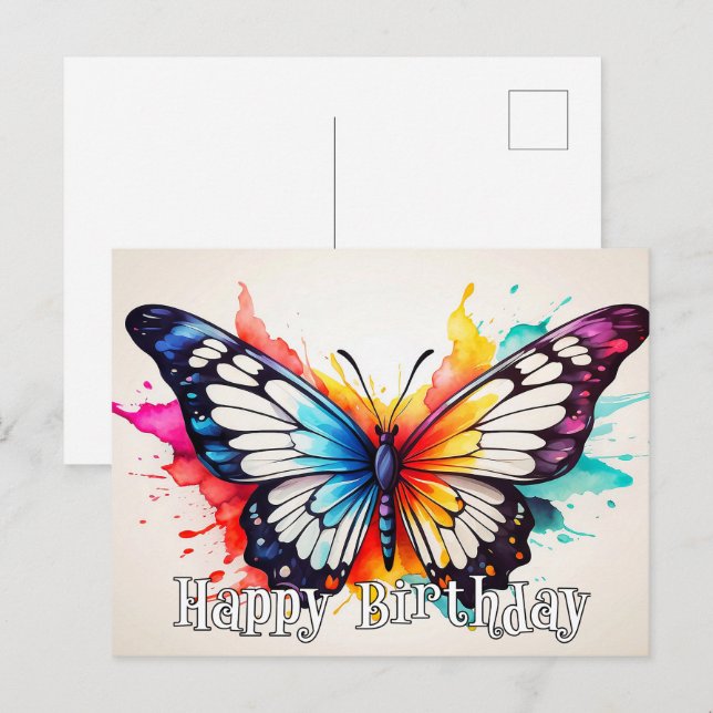Postal Feliz cumpleaños colorido mariposa acuática arte (Anverso / Reverso)