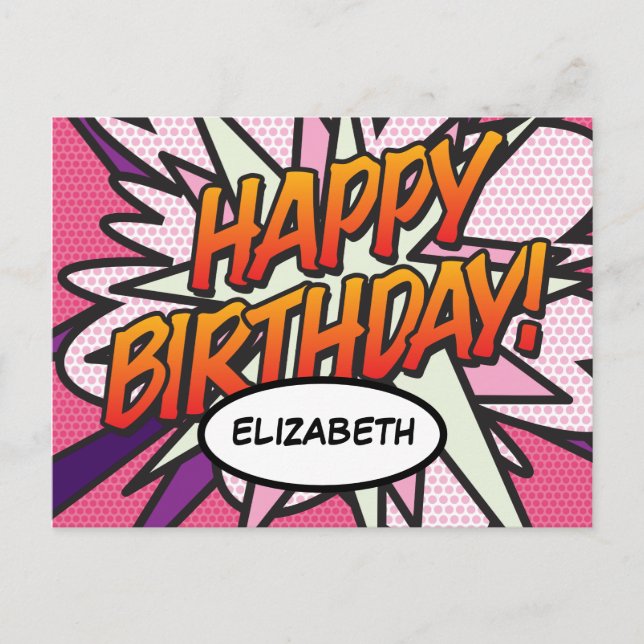 Postal FELIZ CUMPLEAÑOS Comic Book Pop Art Rosa (Anverso)
