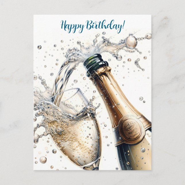 Postal Feliz cumpleaños con champán burbujeante (Anverso)