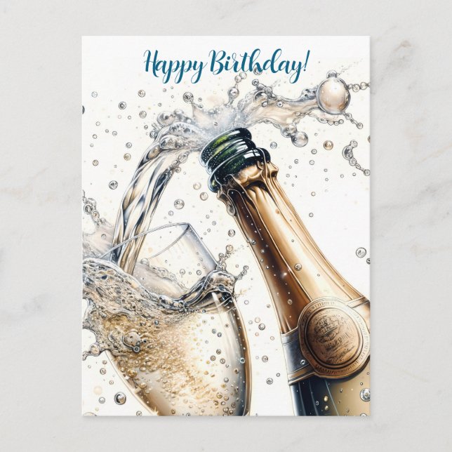 Postal Feliz cumpleaños con champán burbujeante (Anverso)