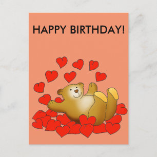 Postal Feliz cumpleaños con corazones de amor y un oso