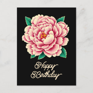 Postal Feliz cumpleaños con flor de peonía rosa vintage