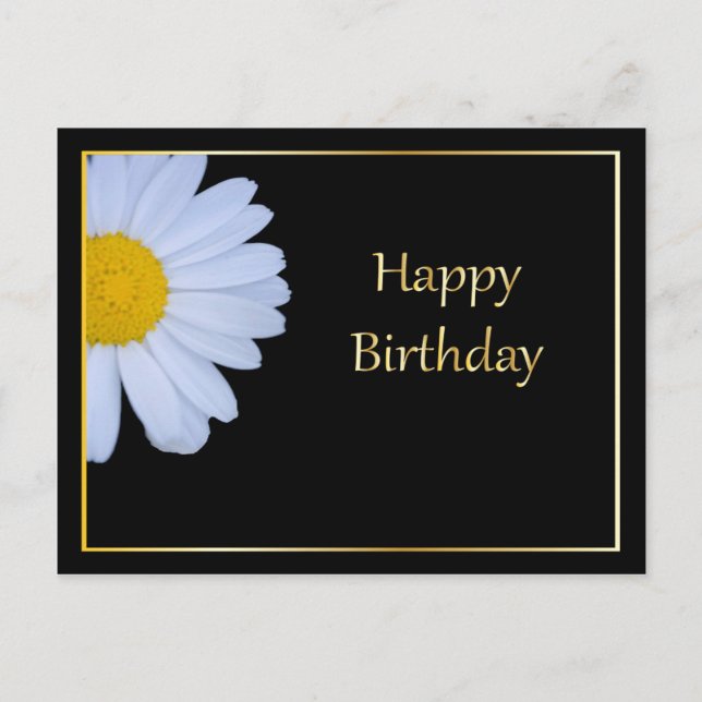 Postal Feliz cumpleaños con flores blancas y negro (Anverso)