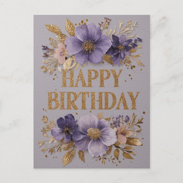 Postal Feliz Cumpleaños con flores moradas y brillo (Anverso)