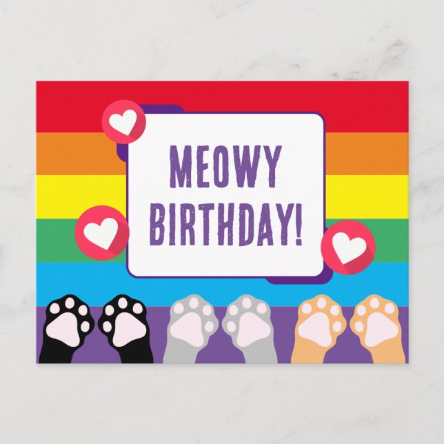 Postal Feliz Cumpleaños con Gatas Lindo Arcoíris Patas Ar (Anverso)
