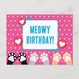 Postal Feliz Cumpleaños con Gatas Manos Arriba de Lunares
