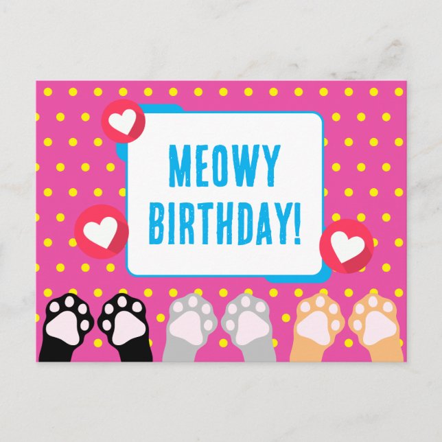 Postal Feliz Cumpleaños con Gatas Manos Arriba de Lunares (Anverso)