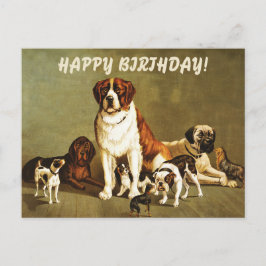 Postal Feliz Cumpleaños con Ilustración de Perros Antiguo