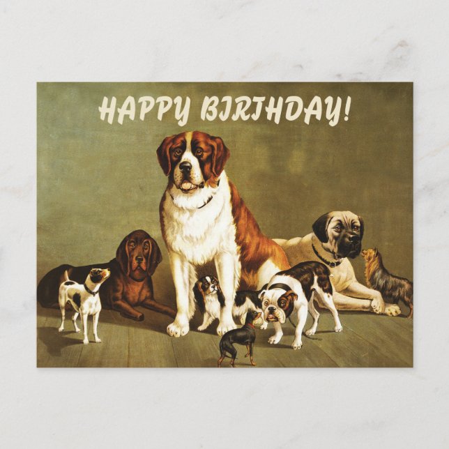 Postal Feliz Cumpleaños con Ilustración de Perros Antiguo (Anverso)