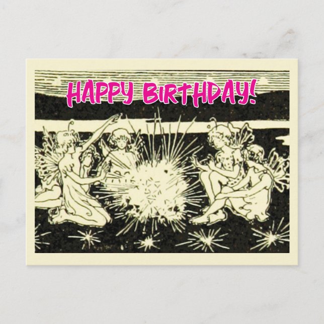 Postal Feliz cumpleaños con un grupo de hadas de cosecha (Anverso)