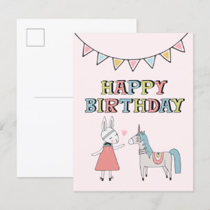 Postal Feliz Cumpleaños Conejo y Unicornio