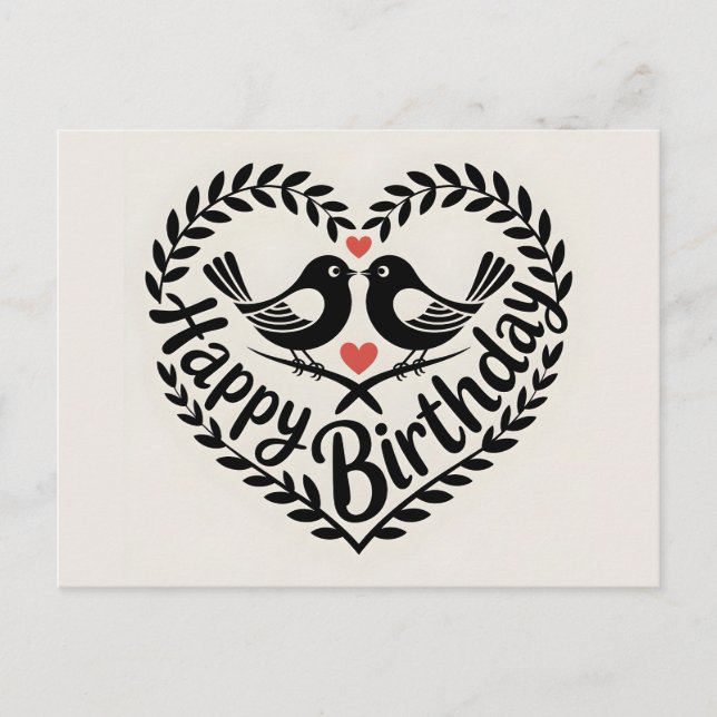 Postal Feliz Cumpleaños Corazón con Gráfica de Pájaros de (Anverso)