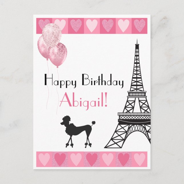 Postal Feliz cumpleaños corazón rosado Torre Eiffel (Anverso)