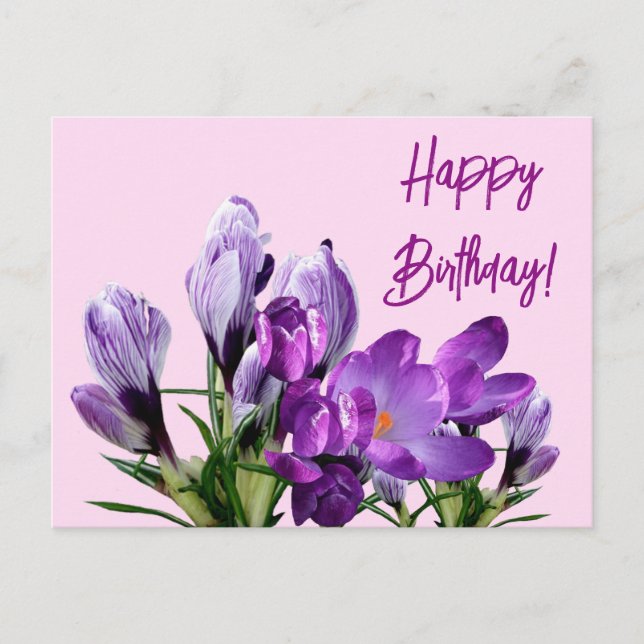 Postal Feliz cumpleaños, cruces púrpuras, las flores son  (Anverso)