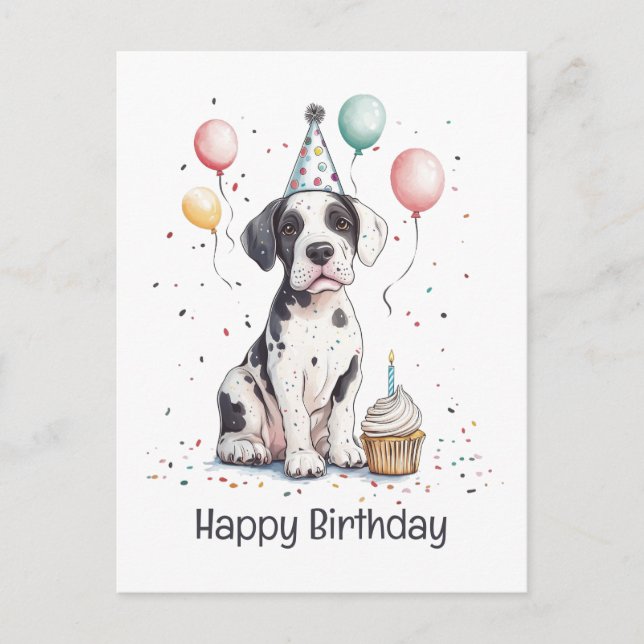 Postal Feliz Cumpleaños Cupcake de Cachorro Gran Danés (Anverso)