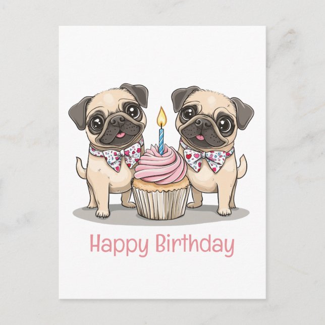 Postal Feliz Cumpleaños Cupcake de Perros Pug (Anverso)