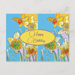 Postal Feliz Cumpleaños Daffodil floral Amarillo Azul