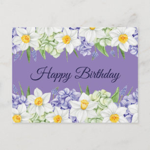 Postal Feliz cumpleaños Daffodil y flores de Hydrangea 