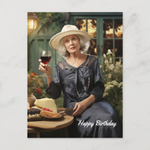 Postal Feliz cumpleaños, dama de jardín con vino y queso