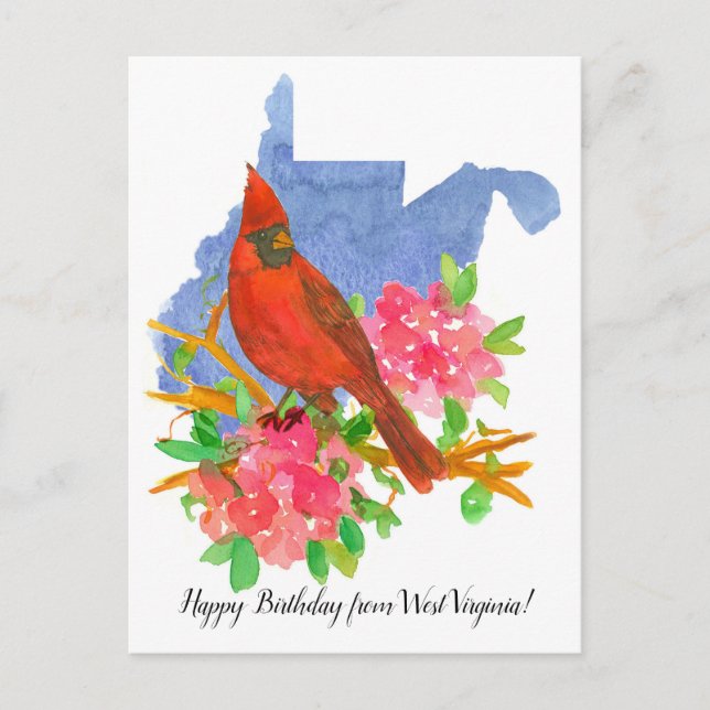 Postal Feliz Cumpleaños de Flores de Cardenal de Virginia (Anverso)