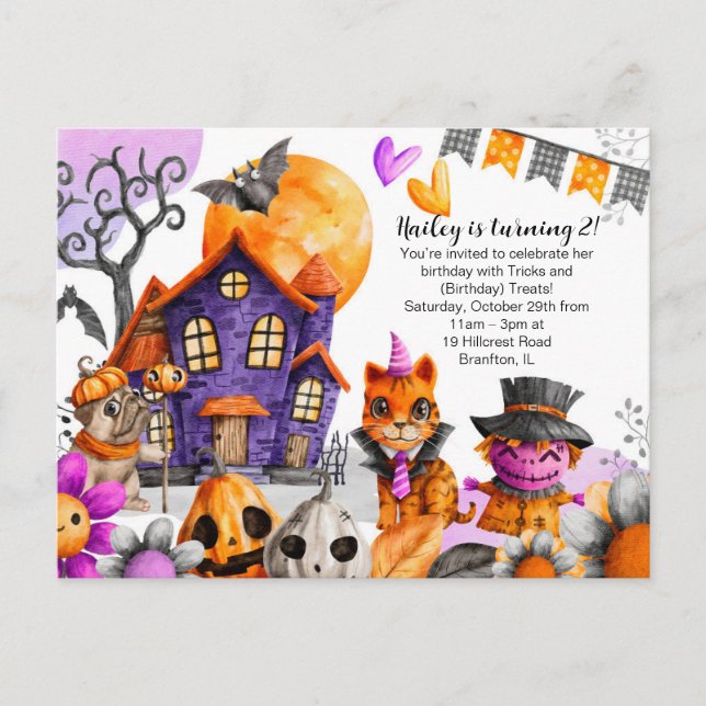 Postal Feliz cumpleaños de Halloween - Cat, Pug, Scarecro (Anverso)