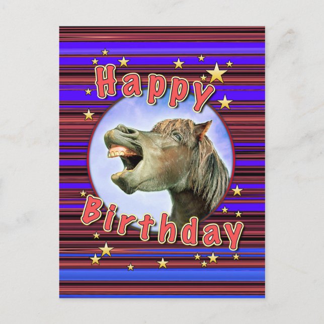 Postal Feliz cumpleaños del caballo riéndose (Anverso)