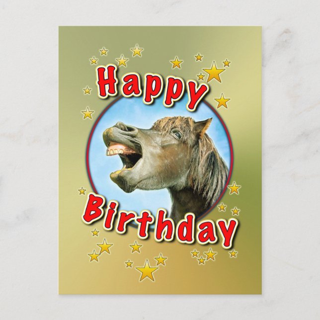 Postal Feliz cumpleaños del caballo riéndose (Anverso)