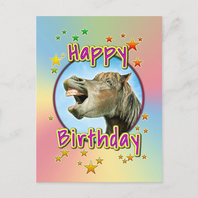 Postal Feliz cumpleaños del caballo riéndose (Anverso)