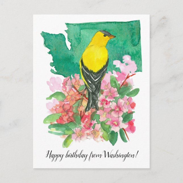 Postal Feliz cumpleaños desde Washington Goldfinch Flower (Anverso)