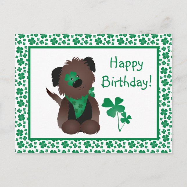 Postal Feliz Cumpleaños Día Perro Shamrock Verde (Anverso)