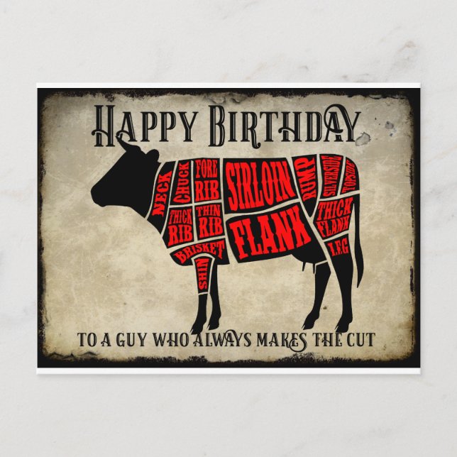Postal Feliz Cumpleaños Diseñó Cortes de Carne de Vaca (Anverso)