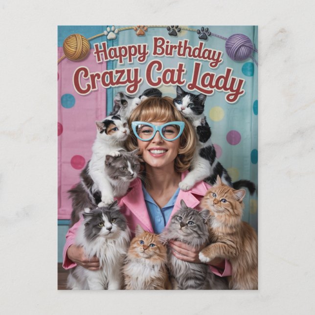 Postal Feliz cumpleaños divertido retro loco gato Lady (Anverso)