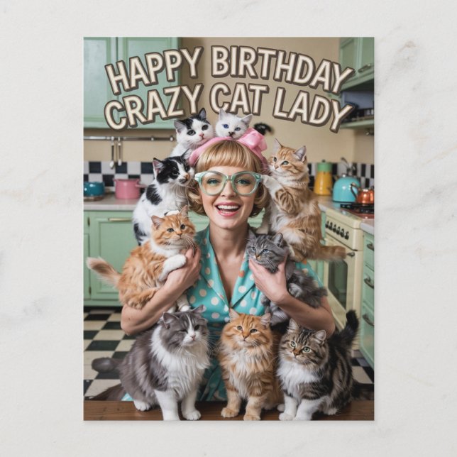 Postal Feliz cumpleaños divertido retro loco gato Lady (Anverso)