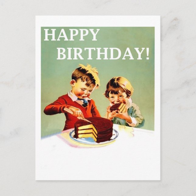 Postal Feliz cumpleaños, dos niños comiendo pastel, vinta (Anverso)