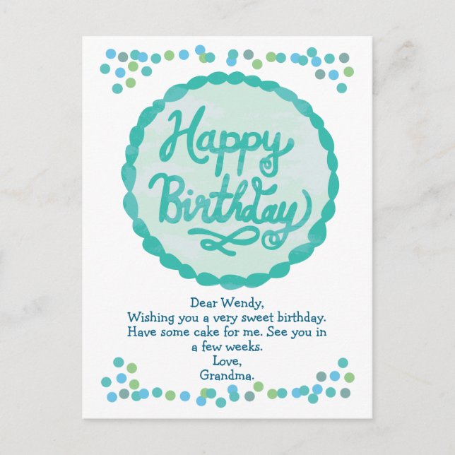 Postal Feliz Cumpleaños Dulce Hand Lettered Cake Confetti (Anverso)