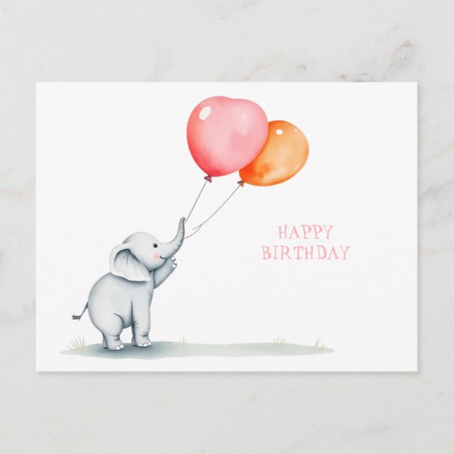 Postal Feliz cumpleaños. elefante bebé con globos (Anverso)