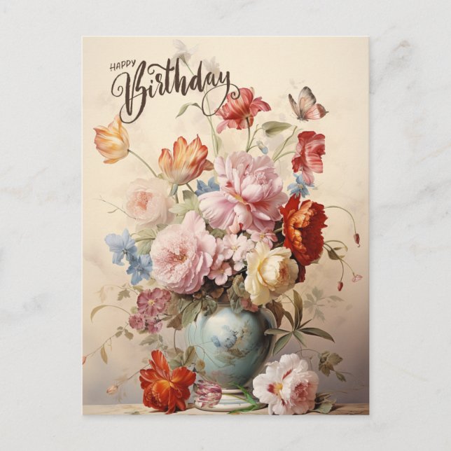 Postal Feliz cumpleaños elegante flores victorianas (Anverso)