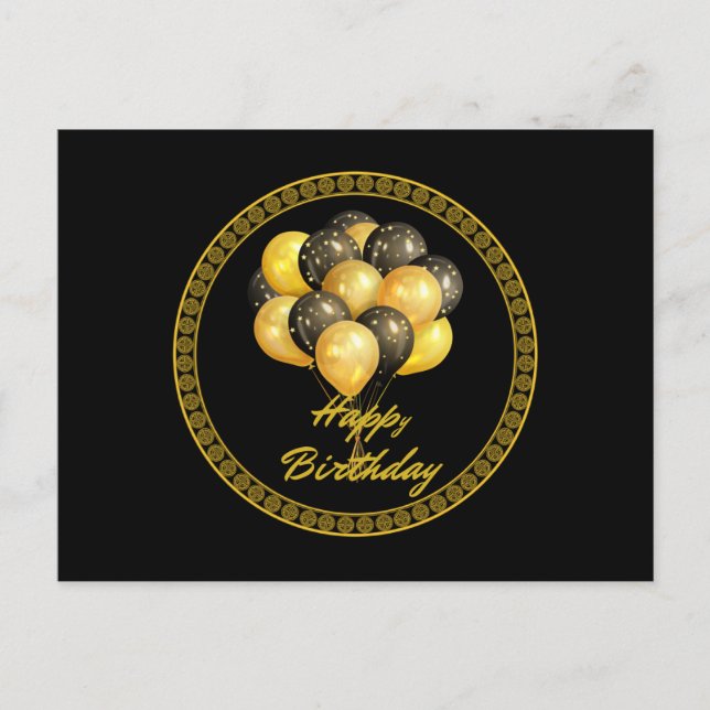 Postal Feliz Cumpleaños, elegante negro y dorado, (Anverso)
