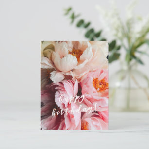 Postal ¡Feliz Cumpleaños! Elegantes Peonías Rosadas y Ros