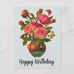 Postal Feliz Cumpleaños Elegantes Rosas Victorianas en el