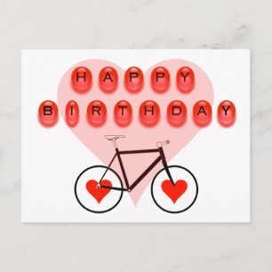 Postal Feliz cumpleaños en bicicleta y corazón