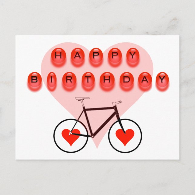 Postal Feliz cumpleaños en bicicleta y corazón (Anverso)