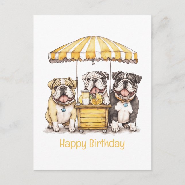 Postal Feliz Cumpleaños English Bulldogs Puesto de Limona (Anverso)