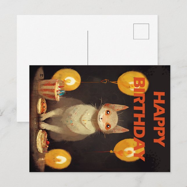 Postal ¡Feliz cumpleaños! - fiesta del gato (Anverso / Reverso)