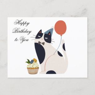 Postal Feliz cumpleaños Fiesta gato con torta