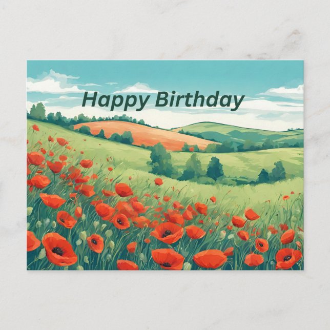 Postal Feliz Cumpleaños Flor de Amapola Roja Prado (Anverso)
