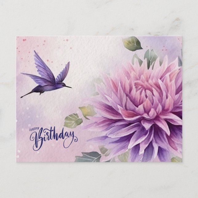 Postal Feliz Cumpleaños Flor de Dalia Acuarela  (Anverso)