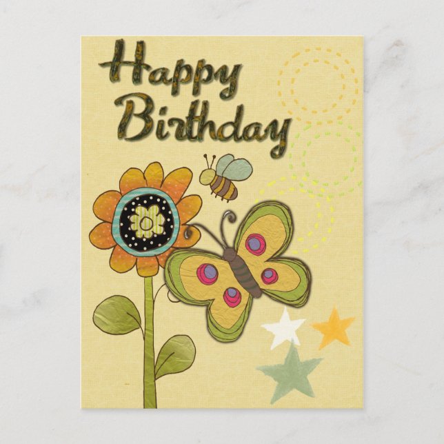 Postal Feliz cumpleaños flor mariposa naturaleza de la ab (Anverso)