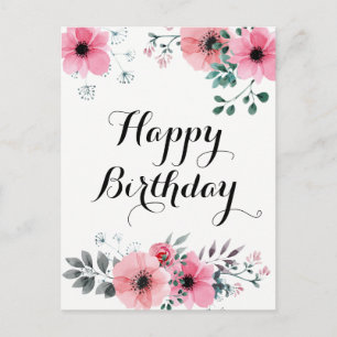Postal Feliz Cumpleaños Floral Acuarela Rosa