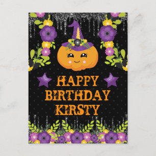 Postal Feliz cumpleaños floral de calabaza de Halloween l